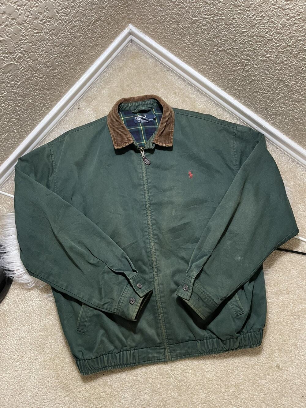 Vintage 1990s Polo Ralph Lauren Green Harrington Bomber Jacket Corduroy Collar L